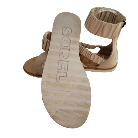 Sorel Ella II Ankle Strap Ruched Elastic Sandals Leather Flats Beige Size 6.5 - Picture 8 of 11
